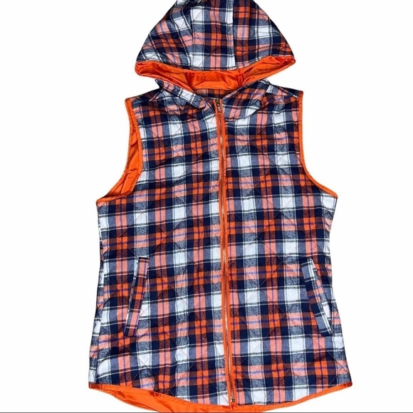 Tea N Rose Plaid Quilted Hooded Front Zip Vest - Picture 1 of 7